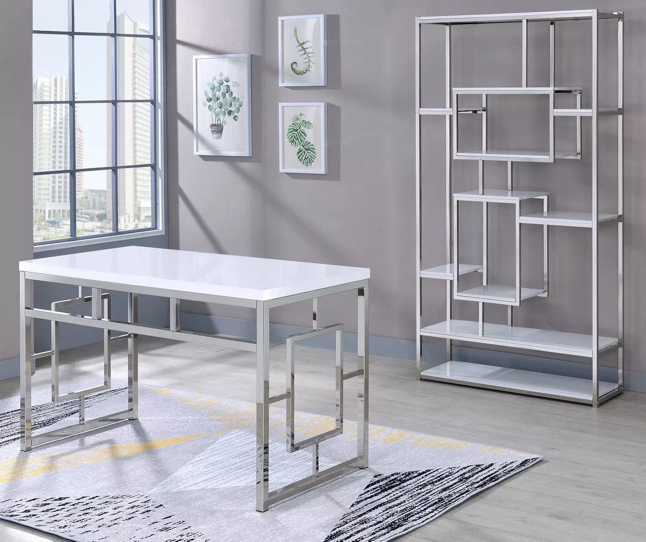 Alize White & Chrome Geometric Bookcase 1 Alize White & Chrome Geometric Bookcase