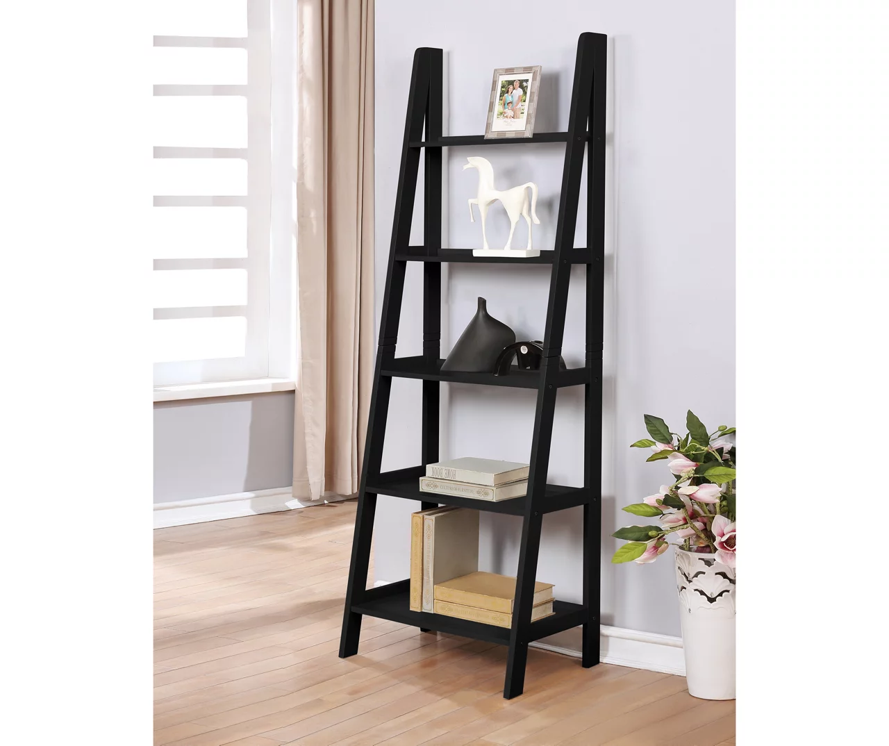 Boston Black Wood 5-Shelf Ladder Bookcase 1 Boston Black Wood 5-Shelf Ladder Bookcase